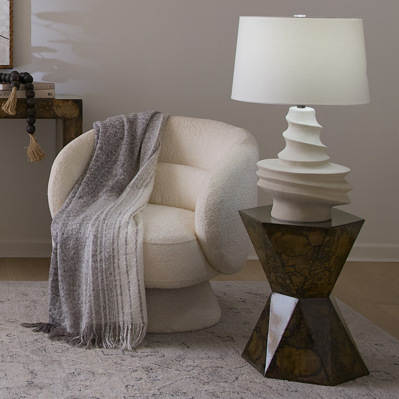 Jamie Young Company Swirled Gourd Base Ceramic Table Lamp with Drum Shade - 28.5" - Cream